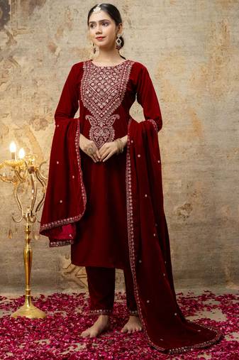 Maroon embroidered velvet salwar suit
