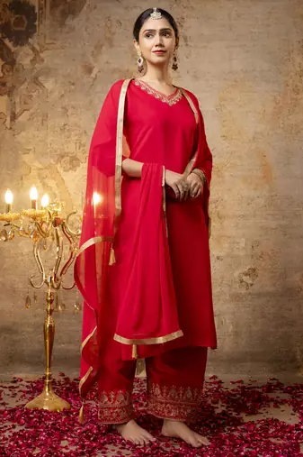 Pink embroidered silk blend salwar suit