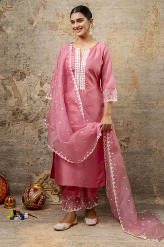 Pink embroidered silk blend salwar suit