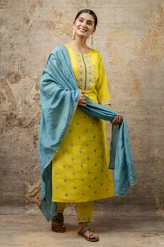 Lemon embroidered silk blend salwar suit