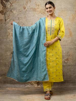 Lemon embroidered silk blend salwar suit 3