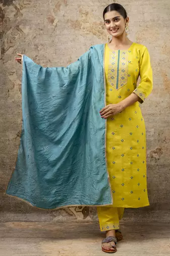 Lemon embroidered silk blend salwar suit