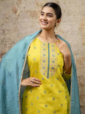 Lemon embroidered silk blend salwar suit 4