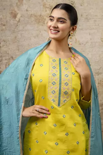 Lemon embroidered silk blend salwar suit