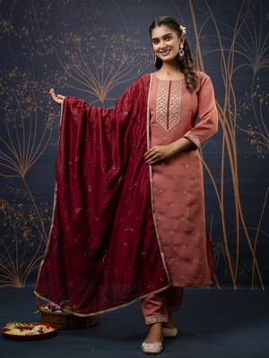 Peach embroidered silk blend salwar suit 1