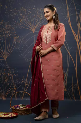 Peach embroidered silk blend salwar suit