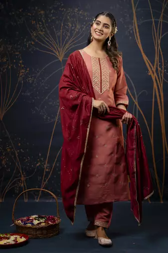 Peach embroidered silk blend salwar suit