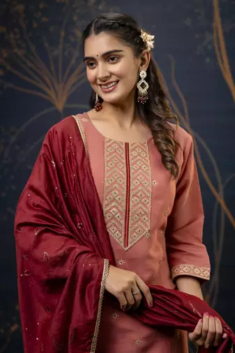 Peach embroidered silk blend salwar suit