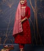Red embroidered silk blend salwar suit