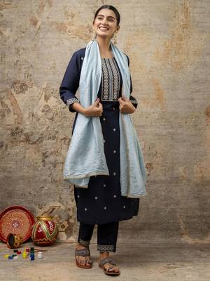 Teal embroidered silk blend salwar suit 1