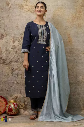 Teal embroidered silk blend salwar suit
