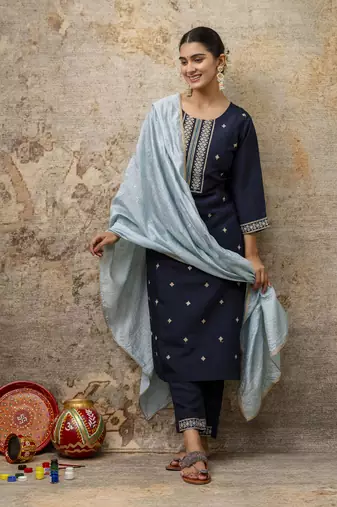 Teal embroidered silk blend salwar suit