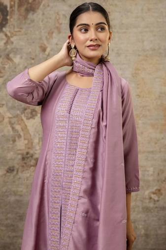 Lavender embroidered silk blend salwar suit