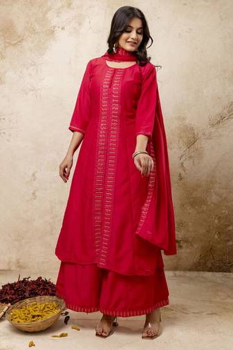 Pink embroidered silk blend salwar suit