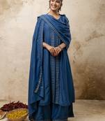 Teal embroidered silk blend salwar suit