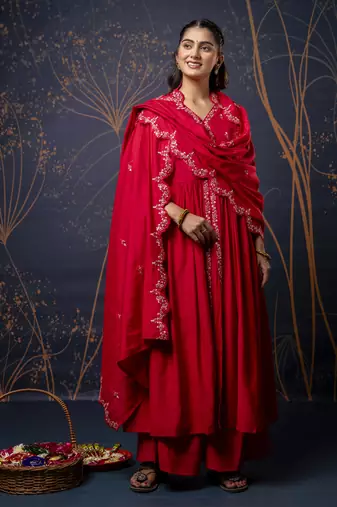 Pink embroidered silk blend salwar suit