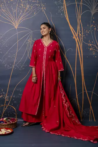 Pink embroidered silk blend salwar suit