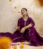 Purple embroidered silk blend salwar suit