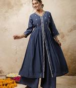 Teal embroidered silk blend salwar suit