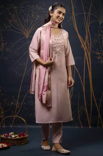 Pink embroidered simar silk fabric salwar suit