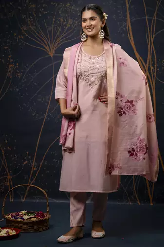 Pink embroidered simar silk fabric salwar suit
