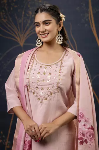 Pink embroidered simar silk fabric salwar suit