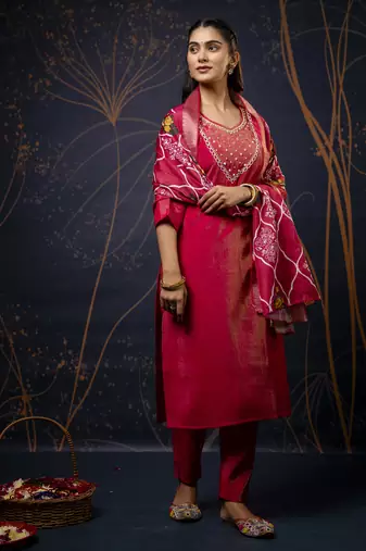Pink embroidered simar silk fabric salwar suit
