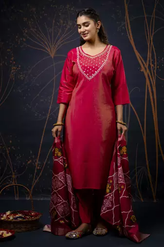 Pink embroidered simar silk fabric salwar suit