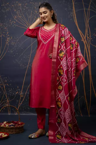 Pink embroidered simar silk fabric salwar suit