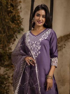 Lavender embroidered silk blend salwar suit 4