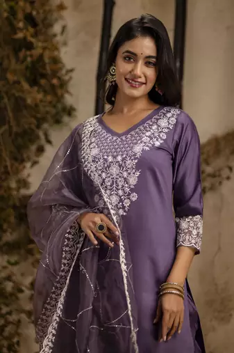 Lavender embroidered silk blend salwar suit