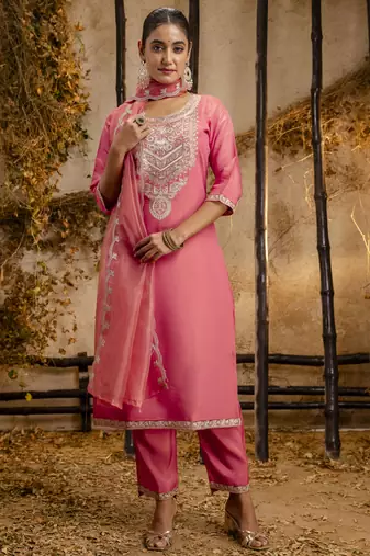 Peach embroidered silk blend salwar suit