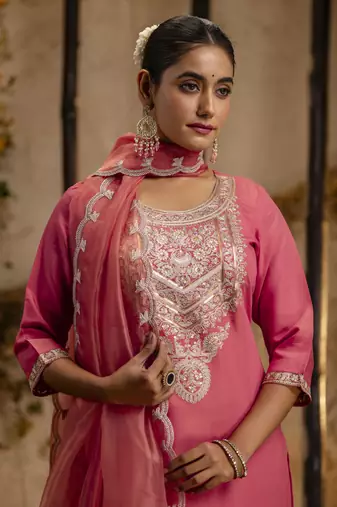 Peach embroidered silk blend salwar suit