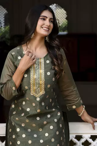 Green embroidered silk blend salwar suit