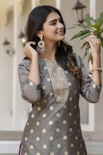 Grey embroidered silk blend salwar suit