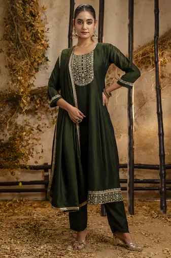 Green embroidered silk blend salwar suit