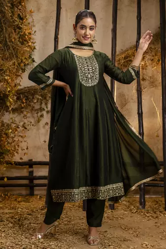 Green embroidered silk blend salwar suit