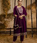 Purple embroidered silk blend salwar suit