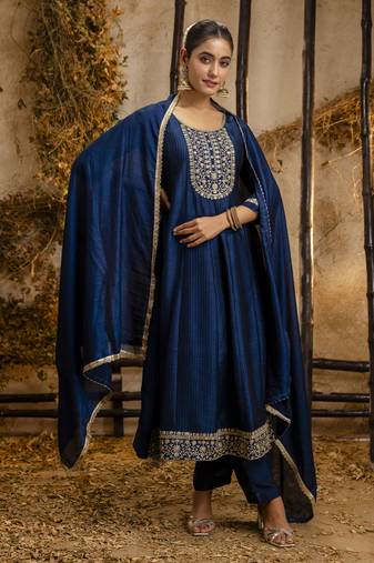 Teal embroidered silk blend salwar suit