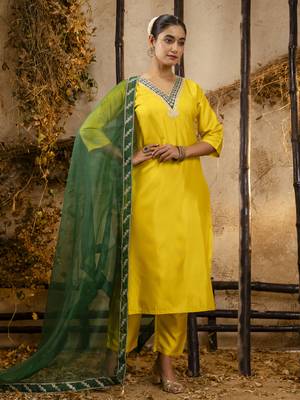 Yellow embroidered silk blend salwar suit 2