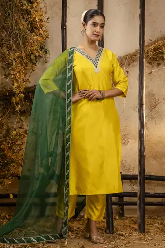 Yellow embroidered silk blend salwar suit