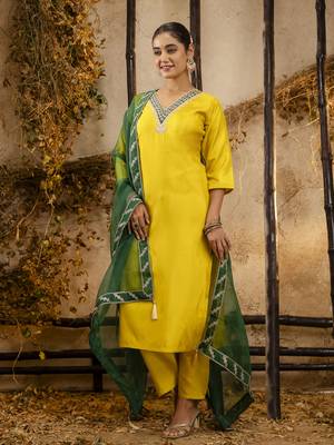Yellow embroidered silk blend salwar suit 3