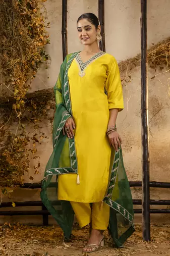 Yellow embroidered silk blend salwar suit