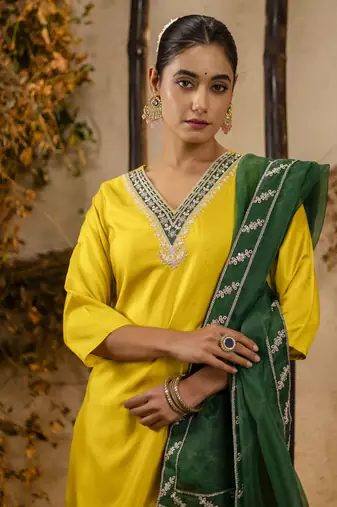 Yellow embroidered silk blend salwar suit