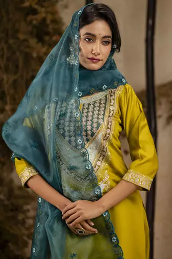 Lemon embroidered viscose rayon salwar suit