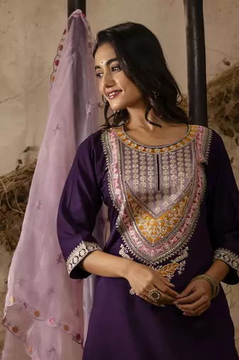 Purple embroidered viscose rayon salwar suit