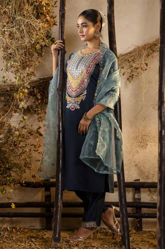 Teal embroidered viscose rayon salwar suit