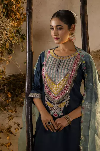 Teal embroidered viscose rayon salwar suit