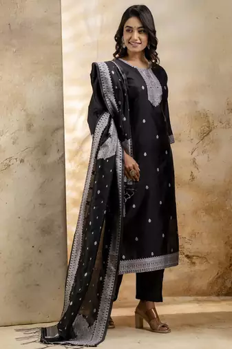 Black embroidered cotton blend salwar suit