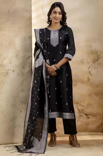 Black embroidered cotton blend salwar suit
